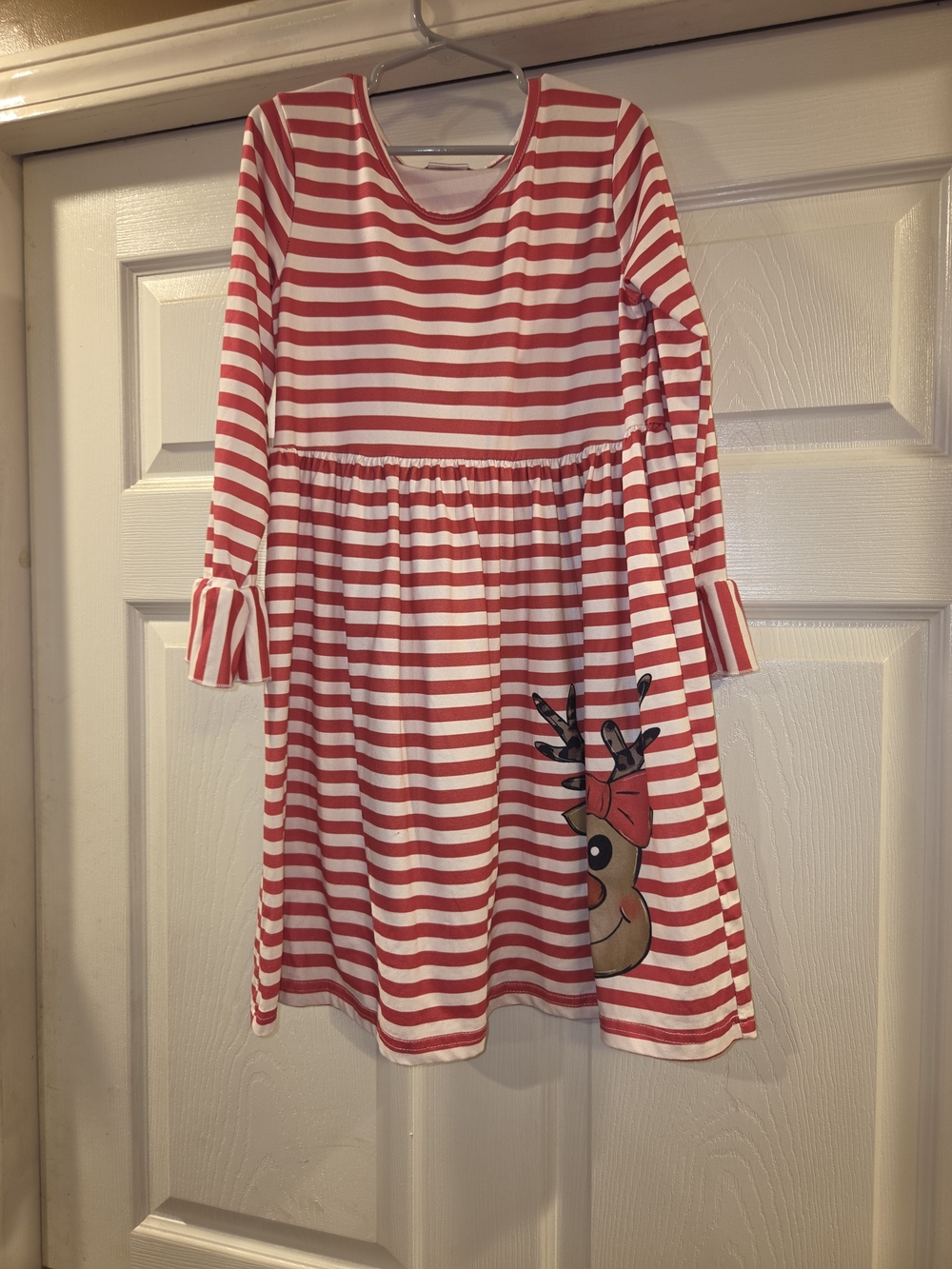 Girls Red and White Stripe Reindeer Dress